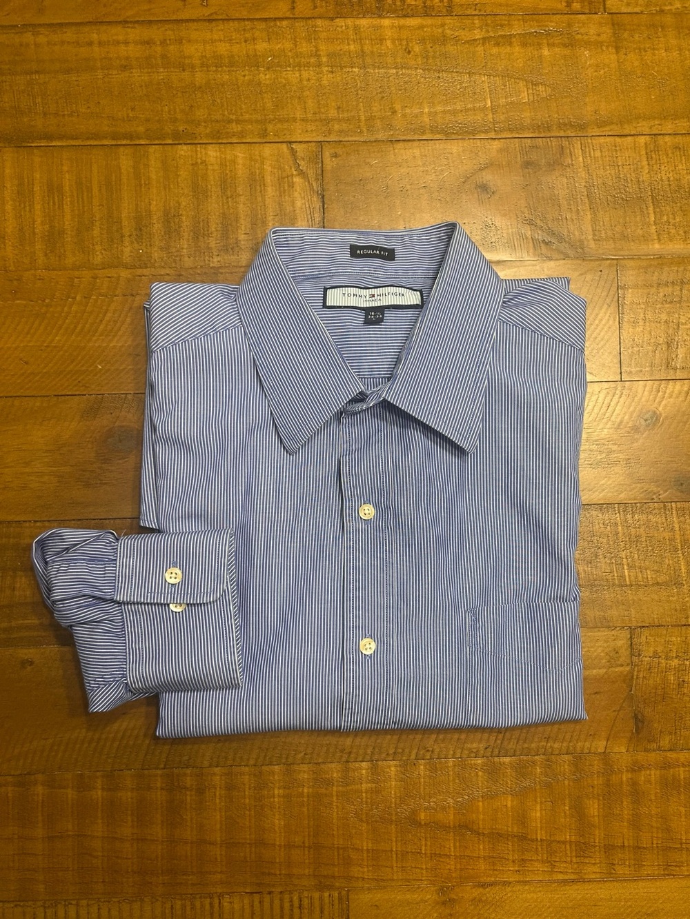 Tommy Hilfiger Men’s Blue and White Pinstripe Dress Shirt, 16 1/2